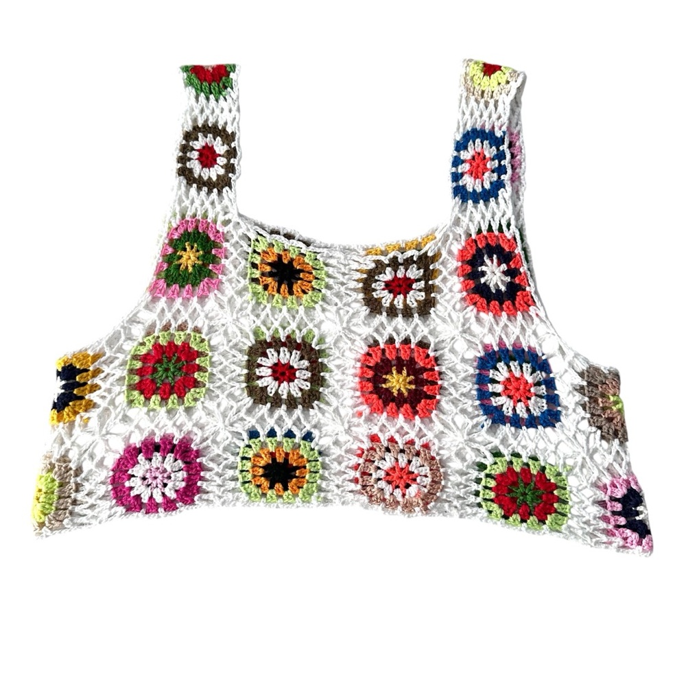 White Multicolor Crochet Granny Square Cropped Boho Tank Top Overlay Womens 4XL